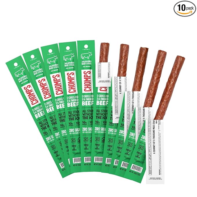 Chomps Grass-Fed and Finished Jalapeño Beef Jerky Snack Sticks 10-Pack - Keto, Paleo, Whole30, 10g Lean Meat Protein, Gluten-Free, Zero Sugar Food, Non-GMO