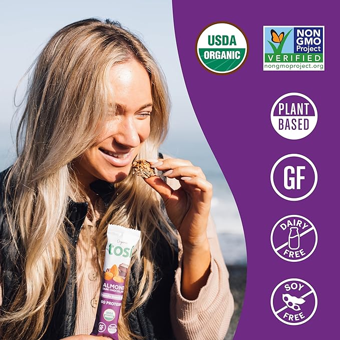Tosi Dark Chocolate Almond Protein Bars, Plant Based with Nuts, Gluten-Free Crunchy Snacks, Vegan, Organic, Flax & Chia Seeds, Soy-Free, Omega 3s, 6G Protein, 1 oz, 12-Pack