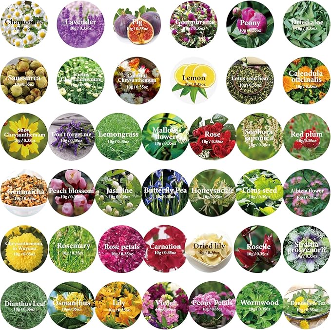40 Bags Natural Dried Flowers Kit, Natural Dried Herbs with 2 Mesh Drawstring Bag for Soap,Candle,Resin Jewelry Making,Bath,Nail - Rose Petals,Rosebuds,Lilium,Jasmine,Don't Forget Me and More