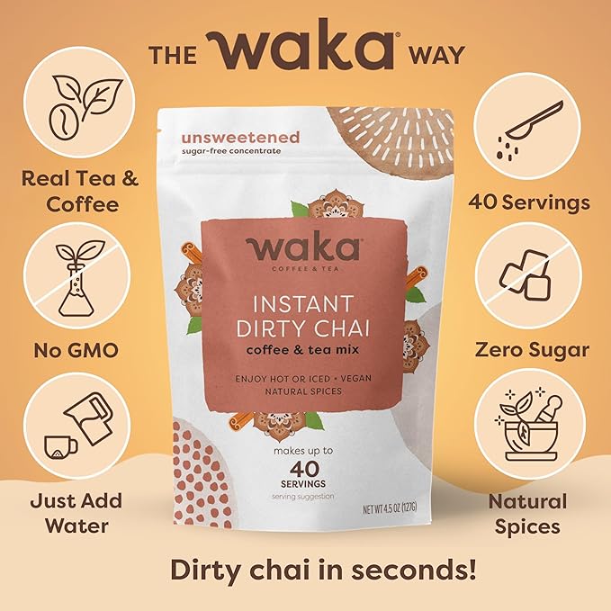 Waka Dirty Chai - Instant Coffee and Tea Powder Mix, Sugar Free, Pure Leaves from India With Arabica Coffee and Natural Spices, Unsweetened (4.5oz Pouch, 40 Servings)