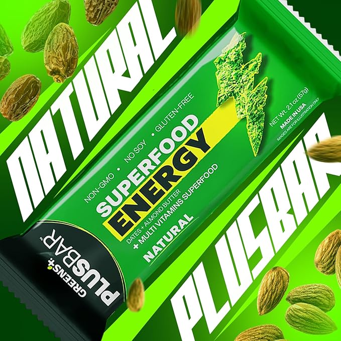 Greens+ Plusbar Energy, Natural, Gluten-Free Snack with Super Greens, Superfoods & Almond Butter, Vegan, Dairy-Free, Non-GMO, 10g Protein Meal Replacement, 12 Pack
