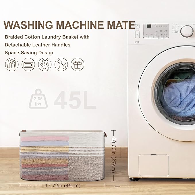 45L Small Laundry Basket with Leather Handles for Living Room Storage, Woven Rope Baskets Bin for Blanket, Kids Toy, Gifts, Wicker Hamper for Bedroom Dirty Clothes, 18"x14"x11" White Brown