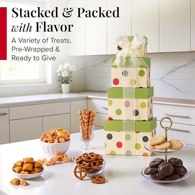 Broadway Basketeers Gift Basket Tower | Gourmet Food Gift Basket with Sweet & Savory Treats | Perfect Thank You Gift Baskets for Birthdays, Holidays, and Celebrations | Premium Snack Gifts