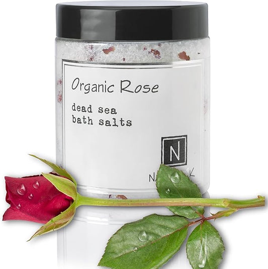 Organic Rose Bath Salts by Nabila K - Dead Sea Salt & Epsom Salt Scrub & Soak - Exfoliates & Hydrates Skin, Botanical Essential Oils - Bubble Bath Accessories for All Skins Types, 8 oz