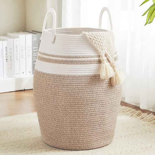 65L Cotton Rope Laundry Hamper by Fiona's magic, Large Woven Tall Laundry Basket for Storage Clothes and Toy in Bedroom, Living Room Organizing, Collapsible, Brown & White