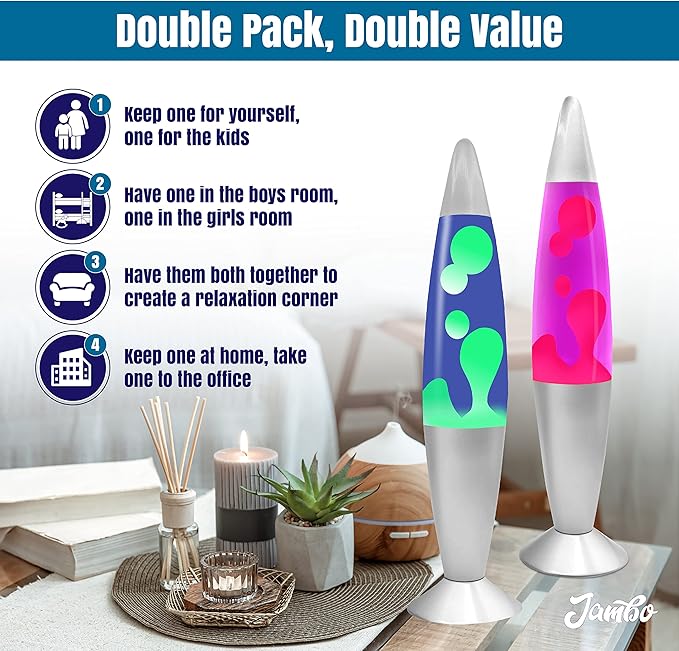 JAMBO 2 Pack- 16" Beautiful Lamp- Blue with Yellow/Green Wax and Purple with Pink Wax, Relaxing Liquid Lamp, Night Light Nightlight, Lamps for Adults Teens Kid