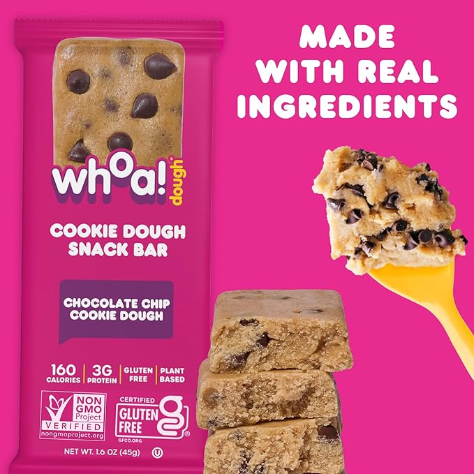 Whoa Dough Edible Cookie Dough Bars- Certified Non-GMO, Kosher and Gluten Free Bars - Healthy Snack Foods - Plant Based Snacks Made With Real Ingredients - Chocolate Chip Cookie Dough - 10 Pack