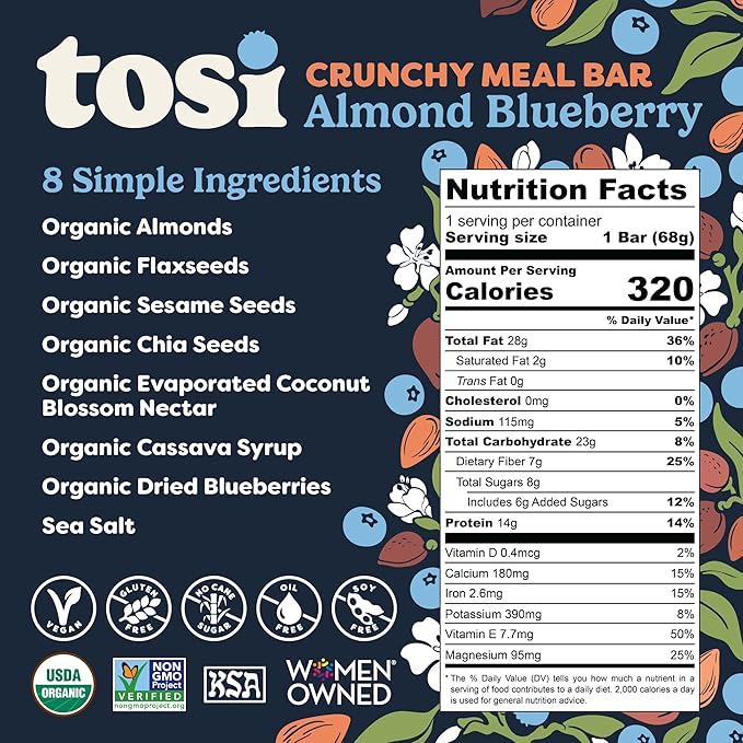 Tosi Almond Blueberry Protein Bars, Plant Based with Nuts, Gluten-Free Crunchy Snacks, Vegan, Organic, Flax & Chia Seeds, Soy-Free,Omega 3s, 12G Protein, 2.4 oz, 12-Pack