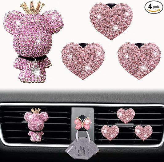 Heart & Bear 4 Pcs Bling Heart Air Vent Clips - Diamond Car Diffuser & Interior Decor Charm - Cute Car Accessories & Decoration for Women + Cute Butterfly Mask Hook (Pink, 1)