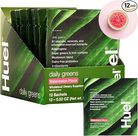 Huel Daily Greens Single Serve Watermelon| Superfood Greens Powder | 91 Vitamins, Minerals, and Wholefood-Sourced Ingredients | Adaptogens, Antioxidants, Gut-Friendly Probiotics | 12 Pack