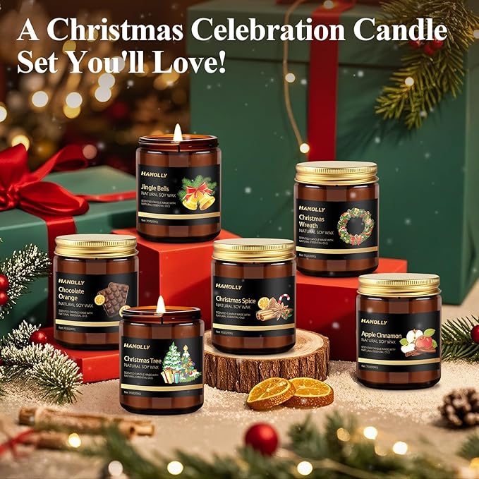 Christmas Scented Candles Set, 6 Pack Winter Scented Candles for Home, Holiday Gifts for Women & Men, Soy Candles Scents of Christmas Tree, Spice, Wreath, Apple Cinnamon, Chocolate Orange, Jingle Bell