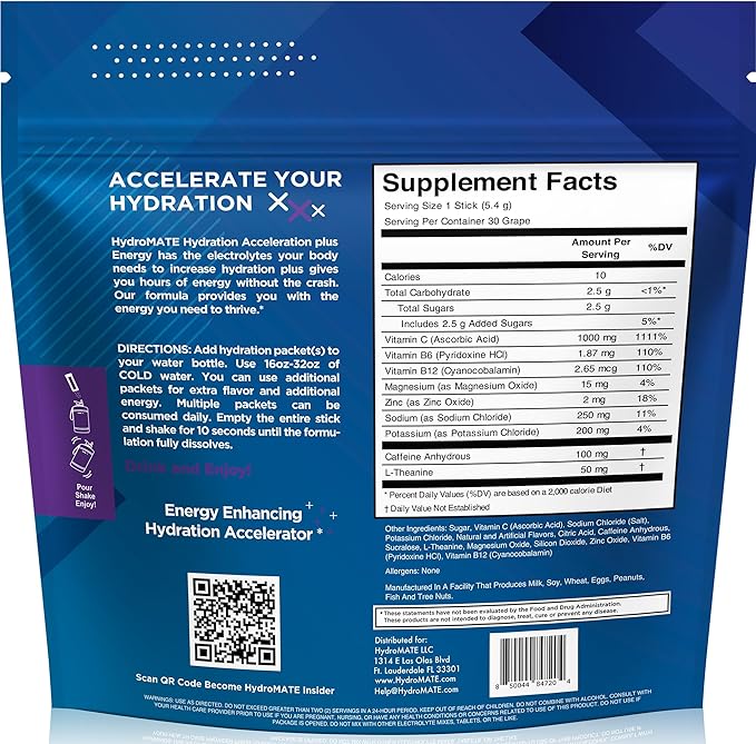 HydroMATE Electrolytes Powder Drink Mix Packets Hydration Accelerator Low Sugar Rapid Party Relief Recovery Vitamin C Plus Caffeine Grape Pack 30 Count
