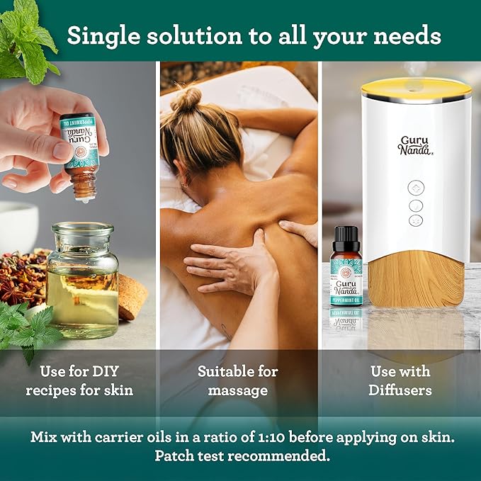 GuruNanda Peppermint Essential Oil, 100% Pure, Natural & Undiluted Aromatherapy Oil for Diffusers & DIY Recipes, Invigorating Scent Supports Focus and Clarity (2X0.5 Fl Oz)