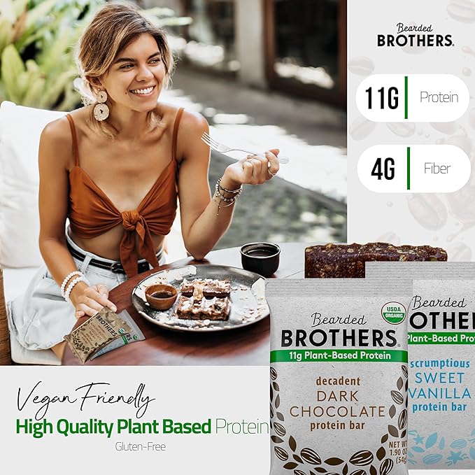 Bearded Brothers Organic Protein Bars, Dark Chocolate and Vanilla (10 Pack) - Plant Based Protein, Gluten Free, Vegan