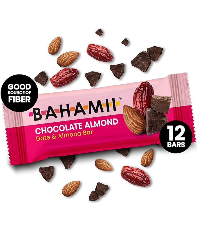 Bahamii Snack Bars, Made with Dates & Nuts, Healthy Snacks, Gluten Free, Good Source of Fiber, Only 6 Ingredients, For Kids & Adults, No Added Sugar, Vegan, 12 Pack, Chocolate Almond