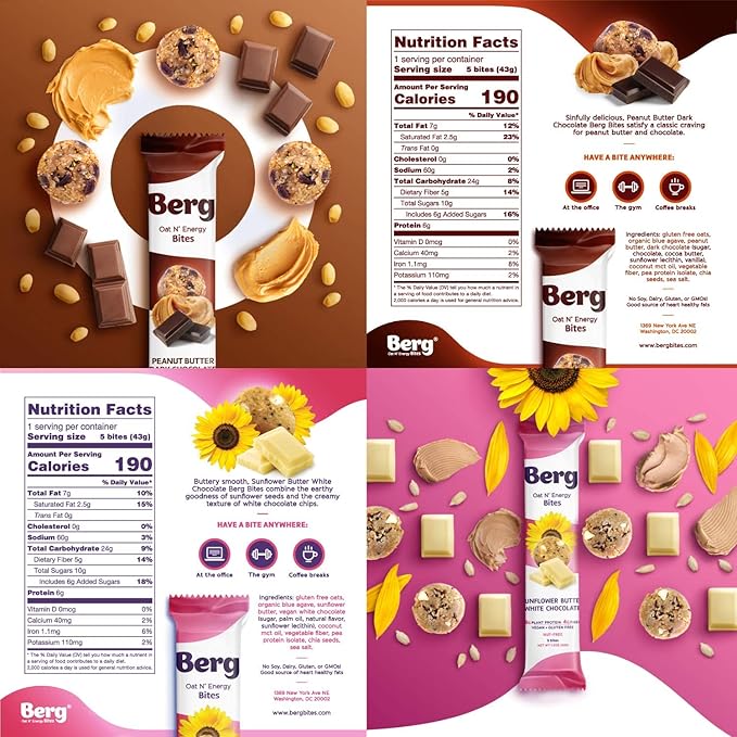 Berg Energy Bites Variety Pack – Plant-Based Protein Snack with 16g Protein & 1g Sugar – Vegan, Gluten-Free, Low Sugar, High Fiber, Non-GMO, Prebiotic Superfood Bites – 1.5oz (8 Pack)