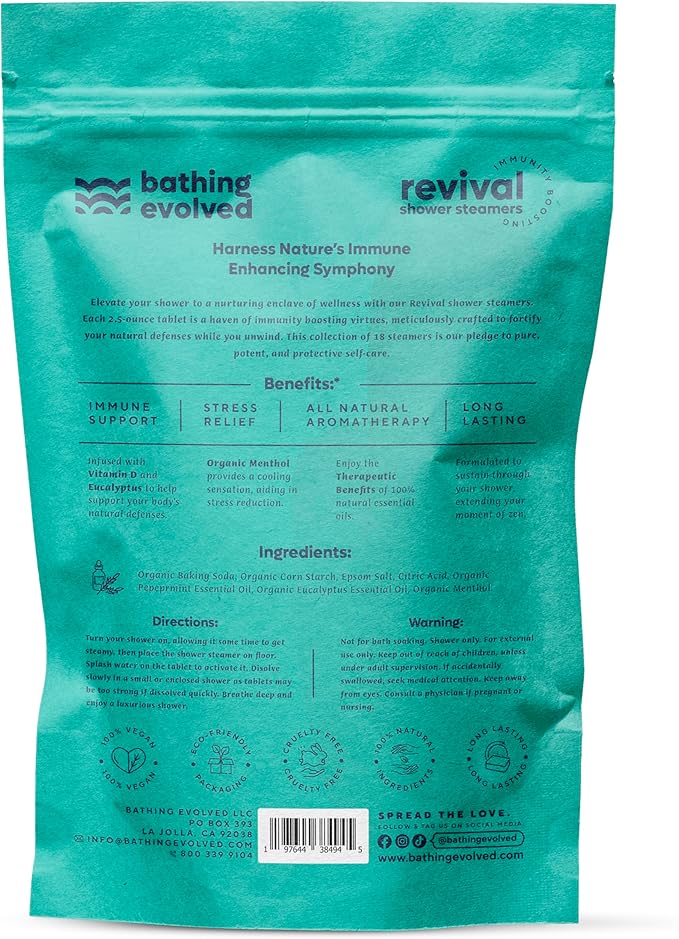 Revival Immune Shower Steamers Aromatherapy – with Natural Eucalyptus for Shower & Vitamin D3 for Stress & Cold Relief – Long-Lasting Steamers for Relaxation & Sinus Support (18 Pack)