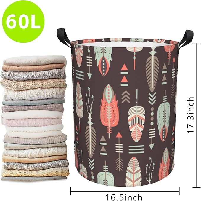 Aztec Feather Laundry Basket Foldable Laundry Hamper Waterproof Oxford Cloth Large Laundry Basket Clothes Storage Bucket Toy Organizer For Bathroom, Laundry, College 17.3 x16.5 Inch