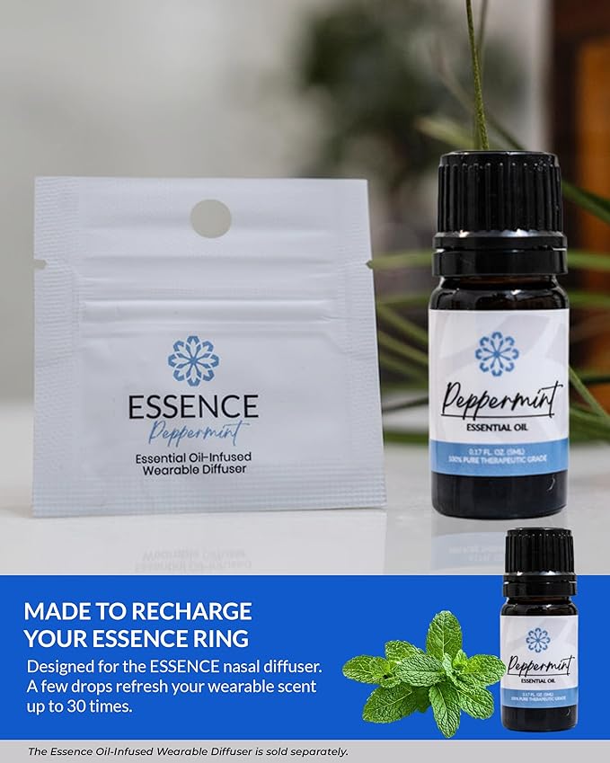 Essence Peppermint Essential Oil – 100% Pure & Therapeutic Grade – Perfect for Aromatherapy, Diffusers & Recharging Essence Nasal Diffuser Rings – Natural Stress & Mood Support (5mL)