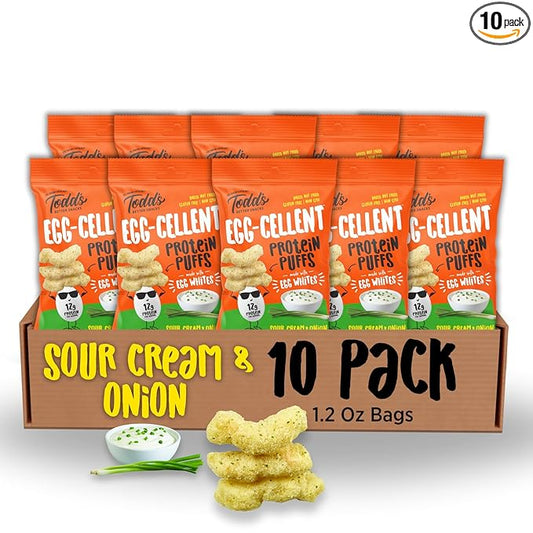 Todd's Better Snacks Egg-Cellent Protein Puffs, Sour Cream & Onion – 12g Protein, Gluten-Free, Paleo-Friendly, Baked, GLP-1 Compliant – Healthy Snack, Made with Egg Whites – 1.2 Oz (Pack of 10)