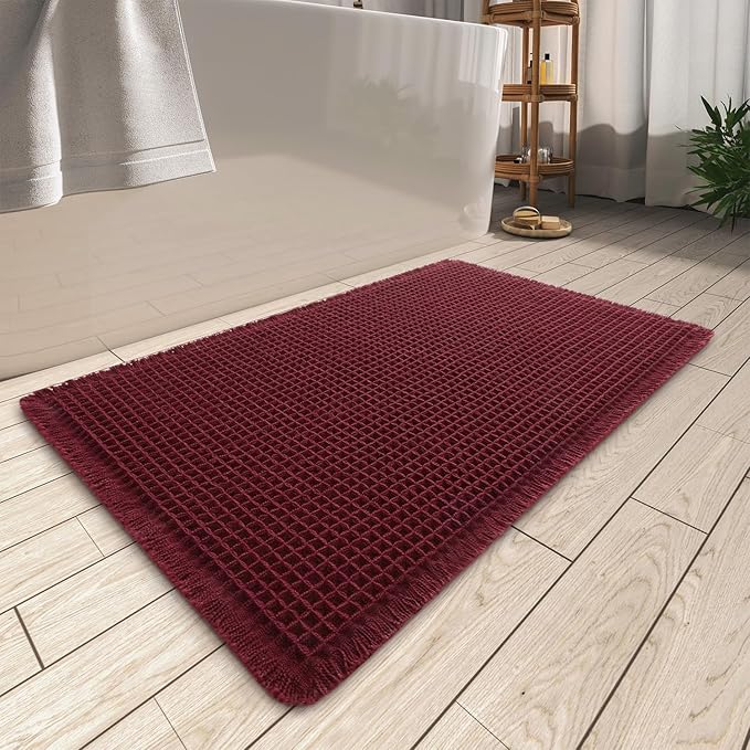 AMOAMI Upgraded Waffle Bath Mat, Super Absorbent Non Slip Bath Mats for Bathroom Floor, Machine Washable Bathroom Rugs with Tassels, Rubber Backed Bathroom Mats, Ultra Soft, 18" x 30", Burgundy