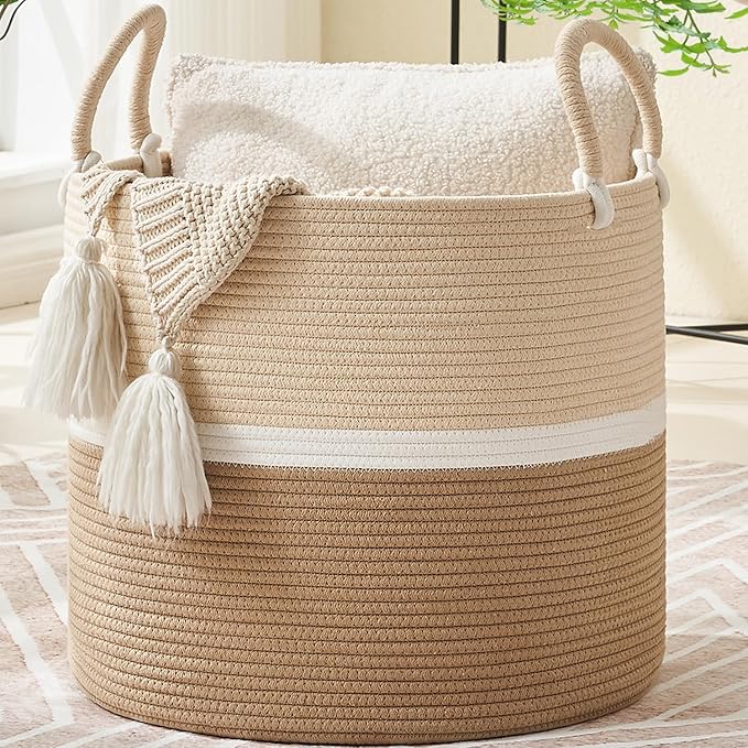 KAKAMAY Large Blanket Basket (18"x18"x16"),Woven Baby Laundry Hamper for Storage, Cotton Rope Blankets Baskets for Nursery, Laundry, Living Room, Pillows, Baby Toy chest with Handles (Light Brown)