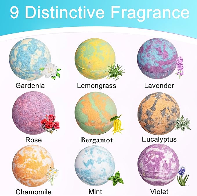 Bath Bombs for Women, 9pcs Handmade Bubble Bath Bombs with Natural Essential Oils, Coco Butters, Holiday Gift for Mother, Wife, Girlfriend, Floral Scents, Rich Bubble and Relaxing Spa