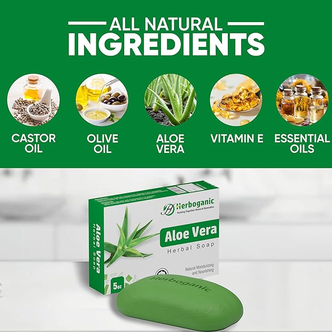 HERBOGANIC Aloe Vera Herbal Soap | Pack of 6 of 5oz soap Bar | Ideal for Men and Women, Soothing and Nourishing Soap for Moisturization