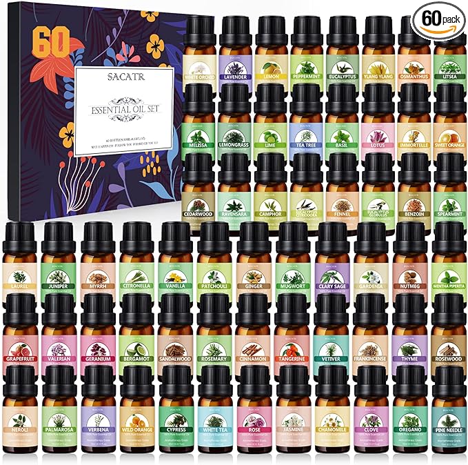 Essential Oil Set - Perfect for Diffuser, Massage, Soap, Candle, Bath Bombs Making, 60x10ml(0.33fl.oz)
