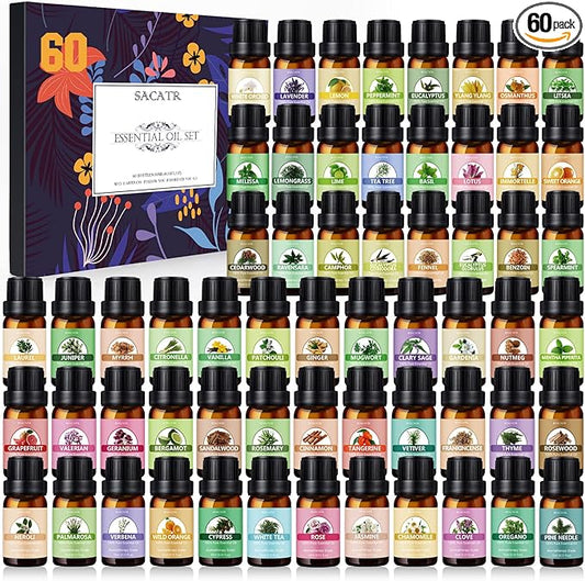 Essential Oil Set - Perfect for Diffuser, Massage, Soap, Candle, Bath Bombs Making, 60x10ml(0.33fl.oz)