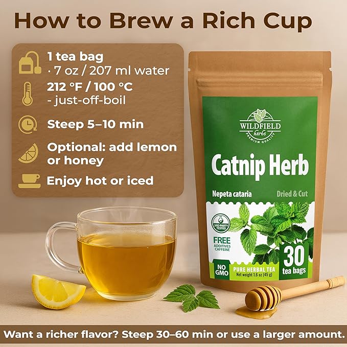 30 Bags Catnip Tea Catnip Herb Tea (Nepeta L.) - 30 Count 1.5g Bags Cat Nip Leaf Herb Hierba Gatera