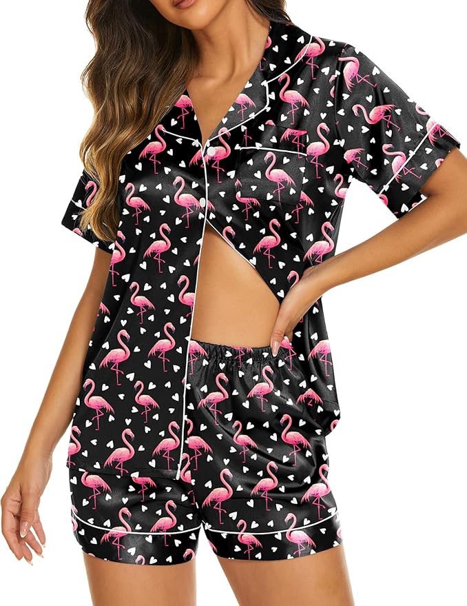 Ekouaer Silk Pajamas for Women Short Sleeve Sleepwear Soft Button Down Loungewear 2 Piece Satin Pjs Shorts Set S-XXL