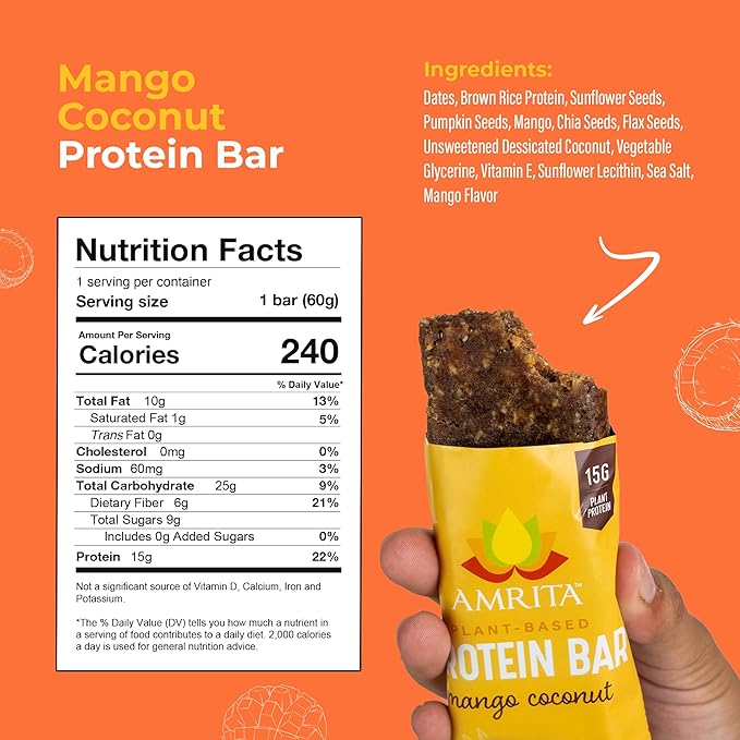 Amrita Nut Free Mango Coconut Vegan Protein Bars (12 Count PK of 3) | 11g Plant-Based Protein Bar | Peanut Free, Gluten Free, and Dairy Free | Low Sugar, High Fiber, Healthy School-Safe Snacks