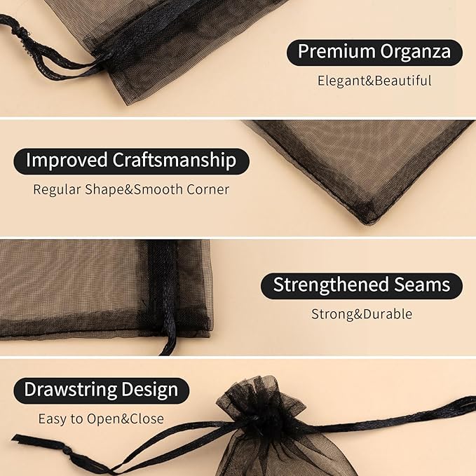 50 Pcs Organza Bags 5x7 Inch, Small Mesh Bags Drawstring Gift Pouches for Jewelry Candy Party Favor (Black)
