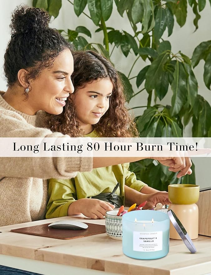 Grapefruit Vanilla 3-Wick Scented Soy Candle, 15.8 oz - Aromatherapy Citrus & Vanilla Candle, Long-Lasting Clean Burn, Strong Throw