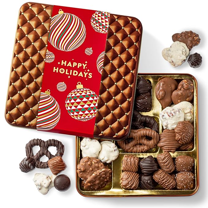 Christmas Chocolate Gift Basket– Holiday Candy Gift Box with Assorted Milk, Dark & White Chocolates – Holiday Food Gift Idea for Men, Women, Family, Corporate- Bonnie & Pop