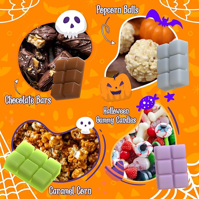 Halloween Scented Wax Melts, Scented Soy Wax Cubes Set for Caramel Apples, Pumpkin Pie, Candy Corn, Halloween Cookies, Chocolate Bars, Popcorn Balls, Caramel Corn, Halloween Gummy Candies