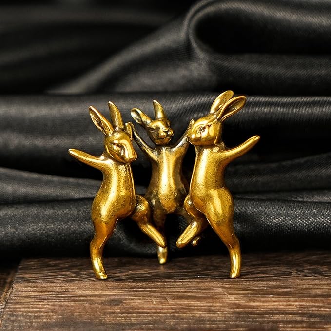 CHOVY Dancing Rabbits Trio - 100% Solid Brass Sculpture, Vintage Whimsical Home Decor, Interlocking Joyful Bunny Figurine for Easter & Spring, Unique Gift Idea, Handcrafted Collectible Art Piece