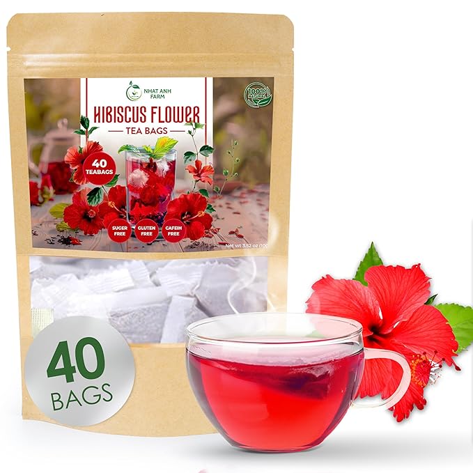 Premium Hibiscus Tea Bags - Dried Hibiscus Flower Tea Bags - 40 Teabags, 2.5g/bag), 100% Natural & Pure Hibiscus Flowers, Sugar/Caffeine/Gluten Free. Good For Your Health