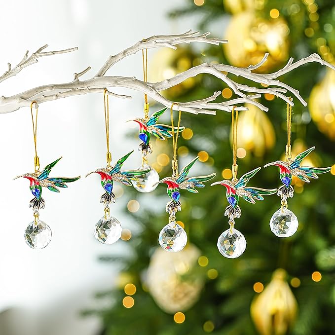 H&D HYALINE & DORA 6 Pcs Hummingbird Hanging Ornaments Christmas Hummingbird Ornaments Clear Crystal Ball Hanging for Christmas Tree Party Home DIY Craft