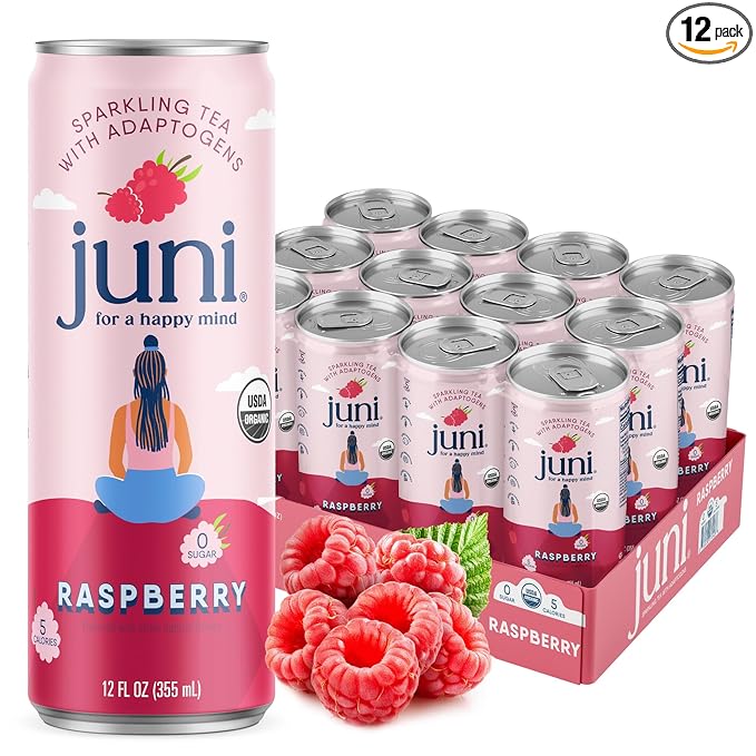 Juni Sparkling Adaptogen Drink with Ashwagandha, Lion’s Mane & Reishi Mushrooms | Green Tea for Focus, Zero Sugar, 5 Calories, Organic | Non Alcoholic Drinks - Raspberry 12 pack