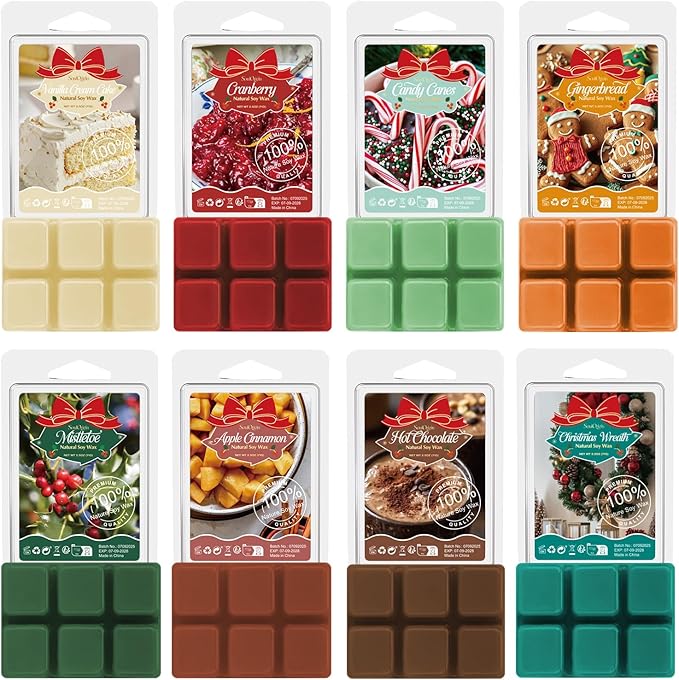 Christmas Scented Wax Melts, Holiday Scented Wax Melts, Strong Scented Soy Wax Cubes/Tarts for Warmer, Candle Wax Melts for Home, Mistletoe, Christmas Wreath, Cranberry, Gingerbread,8x2.5oz