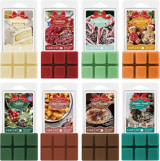 Christmas Scented Wax Melts, Holiday Scented Wax Melts, Strong Scented Soy Wax Cubes/Tarts for Warmer, Candle Wax Melts for Home, Mistletoe, Christmas Wreath, Cranberry, Gingerbread,8x2.5oz