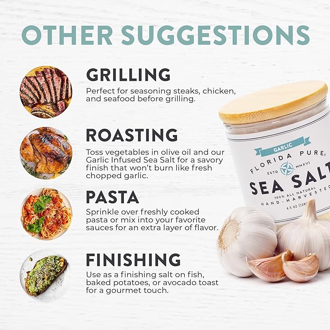 FLORIDA PURE Garlic Sea Salt - 80+ Mineral Sea Salt, Natural, Unrefined, Non Iodized - for Baking, Cooking, Seasoning & Enhancing Taste - Rich Taste Flaky Sea Salt (4.5 oz Jar)