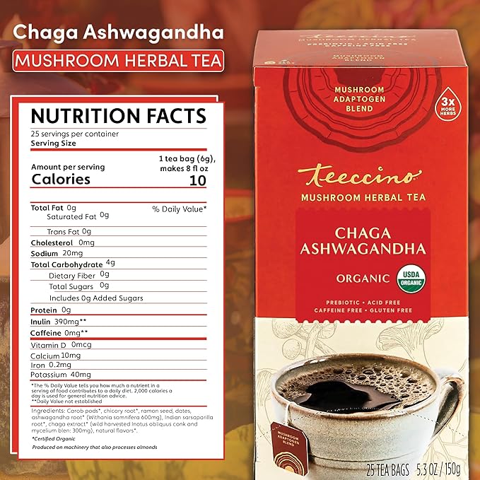 Teeccino Chaga Ashwagandha Tea - Butterscotch Cream - 25 Tea Bags - Organic Mushroom Adaptogenic Herbal Tea, 3x More Herbs than Regular Tea Bags, Prebiotic, Caffeine Free, Gluten Free