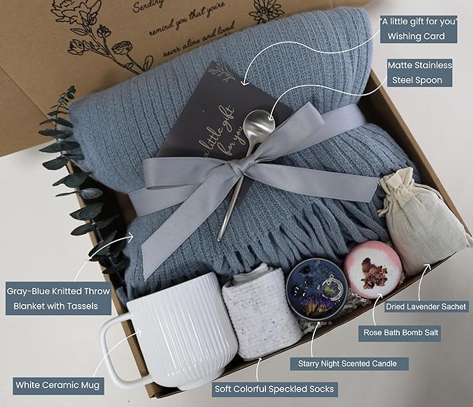 Get Well Soon Gift Baskets for Women&Men- Self Care Package - After Surgery/Sympathy/Relaxation Gifts /,Thinking of You/Grief/Bereavement/Miscarriage Gifts for Women(Gray Blue)