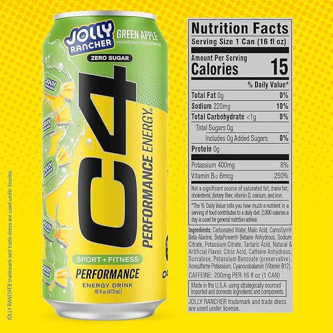 Cellucor C4 Performance Energy Drink | JOLLY RANCHER Green Apple | Zero Sugar Carbonated Preworkout Energy | 200mg Caffeine with Beta Alanine | 16 Fl Oz (24 Pack)