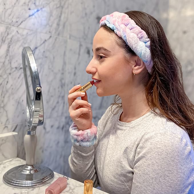 FROG SAC Spa Headband and Wristbands for Face Washing, Fuzzy Skincare Make Up Headbands Set for Women, Soft Puffy Makeup Skin Care Facewashing Hair Band Accessories for Girls (Rainbow Tie Dye)