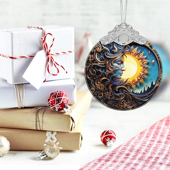 Christmas Ornament, 2025 Ornaments for Christmas Tree, Stained Glass Hanging Ornament, Holiday Ornaments, Unique Gift Idea - Sun and Moon Together