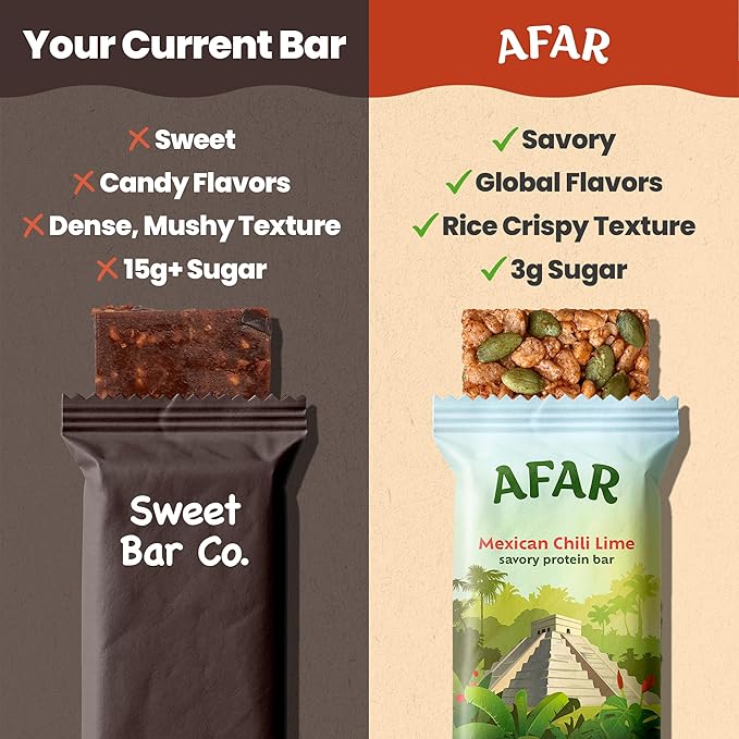 Afar Savory Protein Bars – Low Sugar, High Protein – Healthy Snacks for Adults – Meal Replacement Bar – Rice Crispy Texture – Vegan, Gluten Free (8 Bars, Variety Pack)